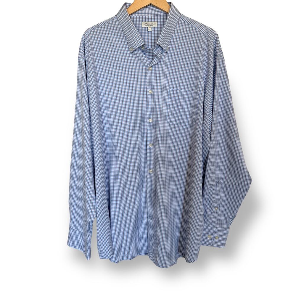 Peter Millar Men's XXL Plaid Summer Comfort Button Down Shirt Blue White